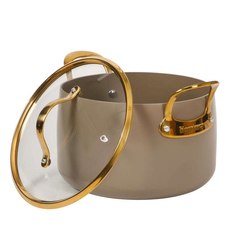 Bloomhouse 8qt Aluminum Stockpot w/ Lid - Cappuccino - Taupe Ceramic Non-Stick Interior - Induction - Cast Stainless Steel Gold PVD Handle - Gift Box w/ Remailer