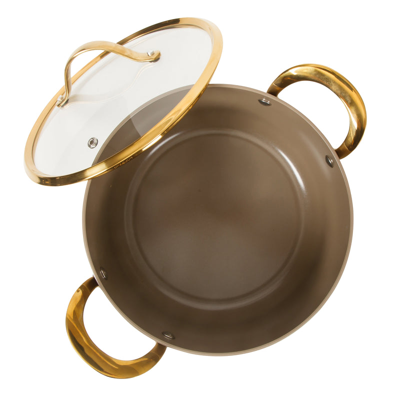 Bloomhouse 8qt Aluminum Stockpot w/ Lid - Cappuccino - Taupe Ceramic Non-Stick Interior - Induction - Cast Stainless Steel Gold PVD Handle - Gift Box w/ Remailer