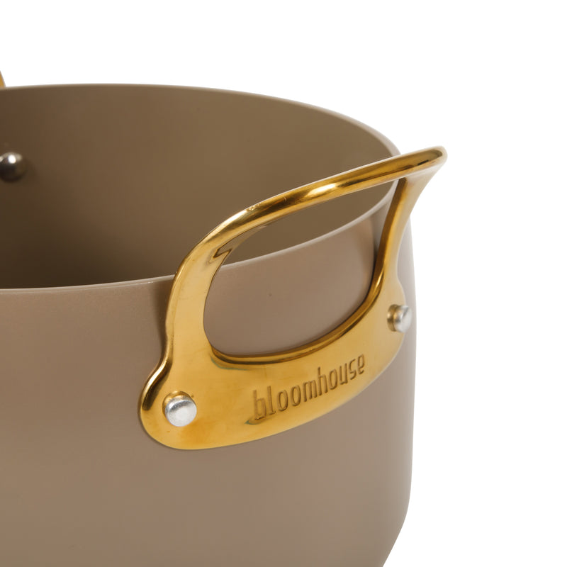 Bloomhouse 8qt Aluminum Stockpot w/ Lid - Cappuccino - Taupe Ceramic Non-Stick Interior - Induction - Cast Stainless Steel Gold PVD Handle - Gift Box w/ Remailer
