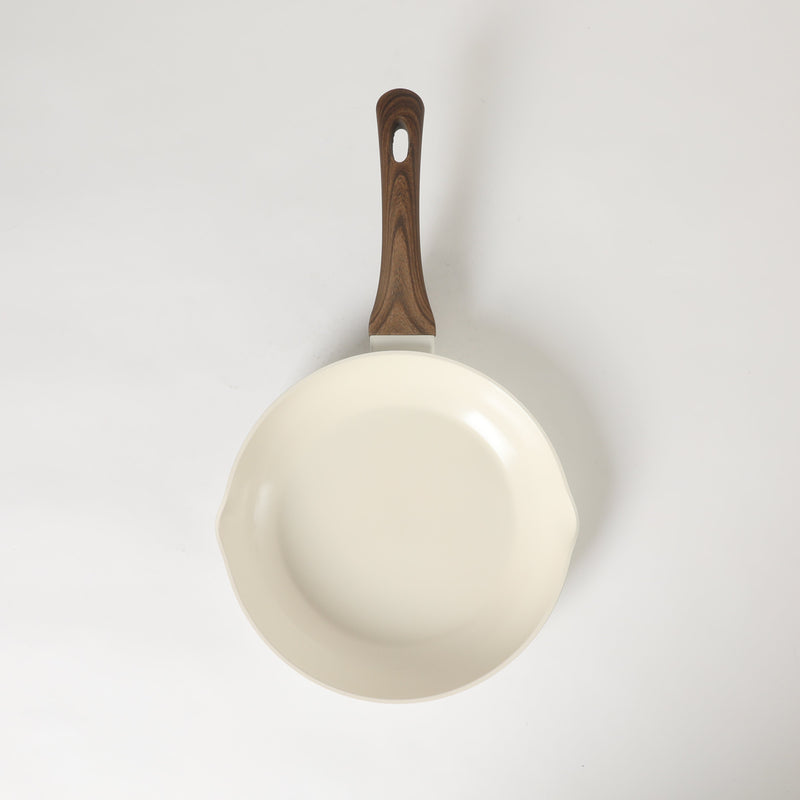 Oster Amberg Choice 9.5" Aluminum Frying Pan - Matte White - White Ceramic Interior - Wood Look Soft Touch Bakelite Handle - O/S - Color Label