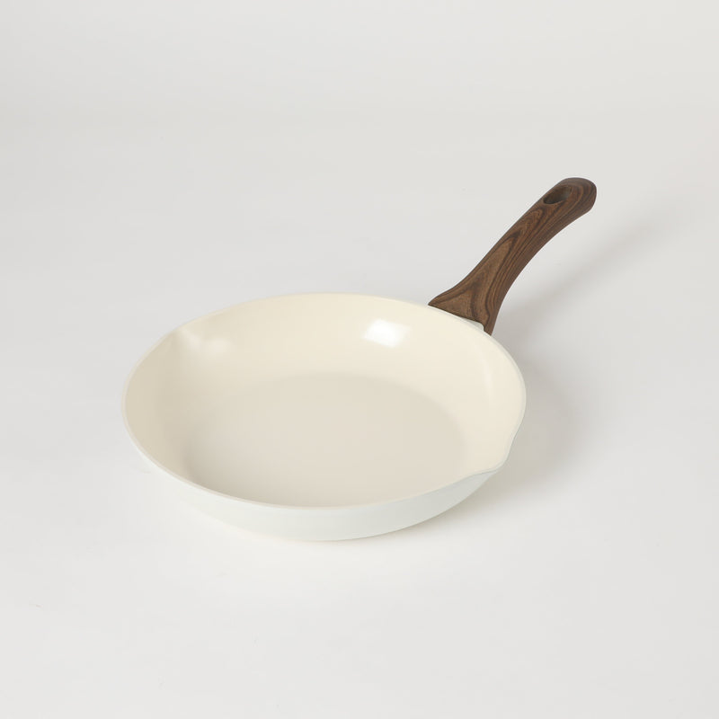 Oster Amberg Choice 9.5" Aluminum Frying Pan - Matte White - White Ceramic Interior - Wood Look Soft Touch Bakelite Handle - O/S - Color Label