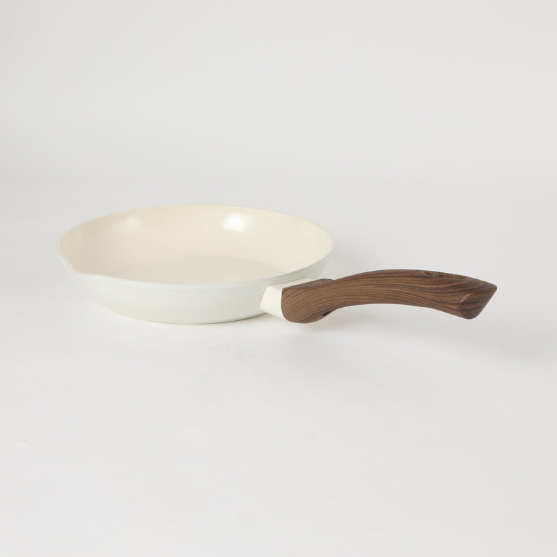 Oster Amberg Choice 9.5" Aluminum Frying Pan - Matte White - White Ceramic Interior - Wood Look Soft Touch Bakelite Handle - O/S - Color Label