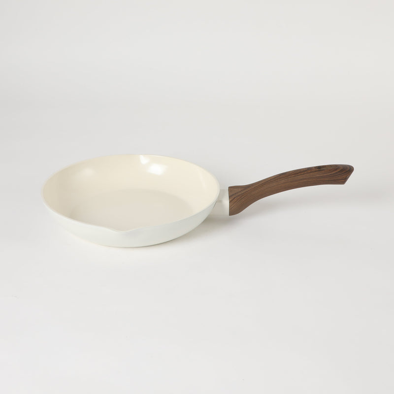 Oster Amberg Choice 9.5" Aluminum Frying Pan - Matte White - White Ceramic Interior - Wood Look Soft Touch Bakelite Handle - O/S - Color Label