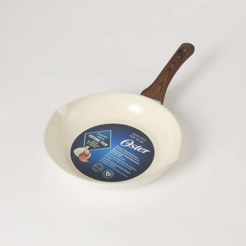 Oster Amberg Choice 9.5" Aluminum Frying Pan - Matte White - White Ceramic Interior - Wood Look Soft Touch Bakelite Handle - O/S - Color Label