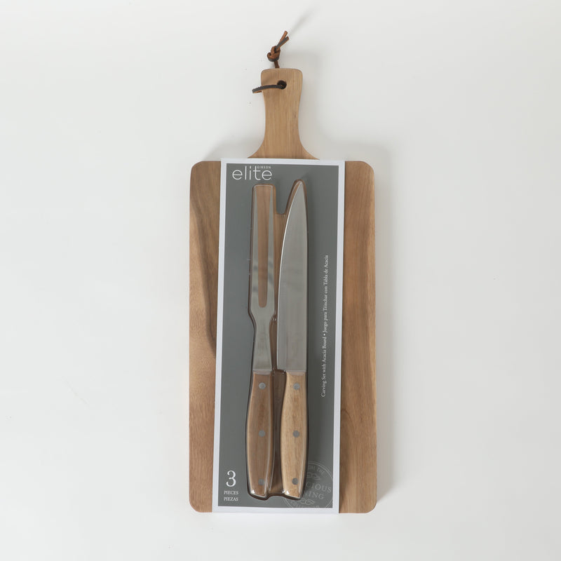 Gibson Elite Gracious Dining 3pc Carving Set w/ Acacia Wood Board - Acacia Handle - Clam Pack w/ Window Box