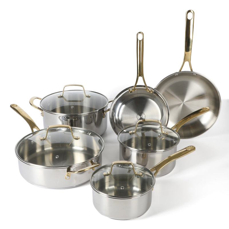 Martha Stewart Castelle 10pc Stainless Steel Cookware Set - Gold Stainless Steel Handles - Impact Bonded Base - Gift Box w/ Remailer