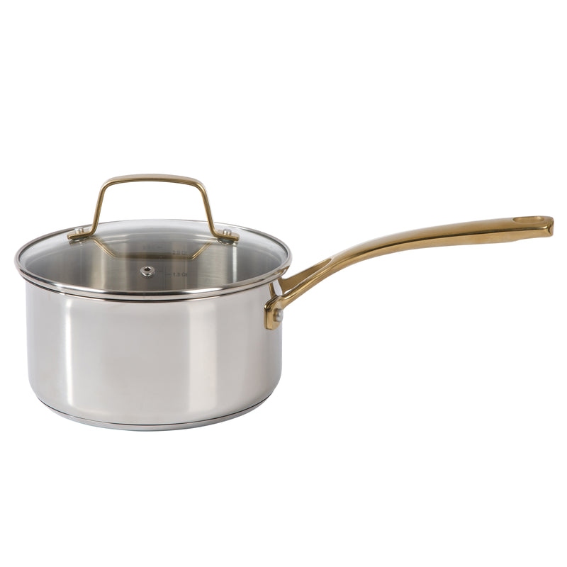 Martha Stewart Castelle 10pc Stainless Steel Cookware Set - Gold Stainless Steel Handles - Impact Bonded Base - Gift Box w/ Remailer