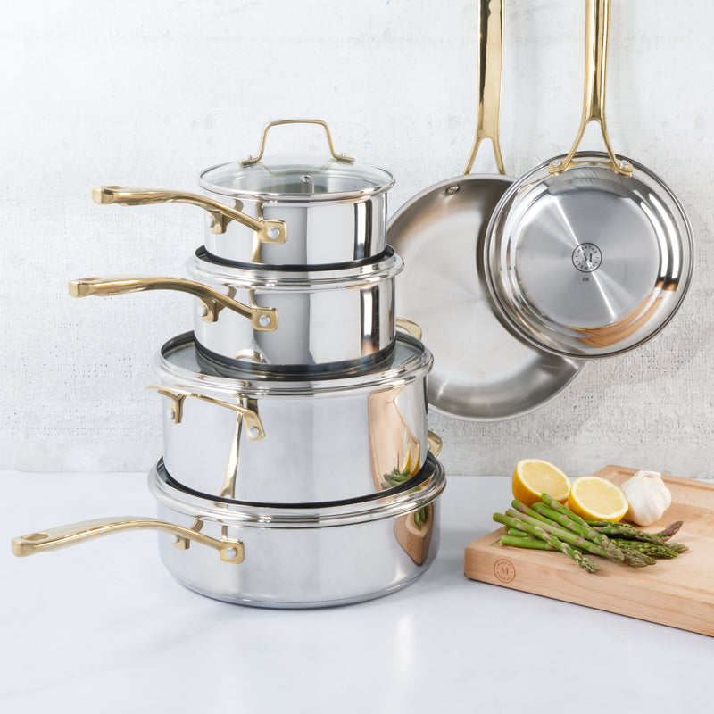 Martha Stewart Castelle 10pc Stainless Steel Cookware Set - Gold Stainless Steel Handles - Impact Bonded Base - Gift Box w/ Remailer