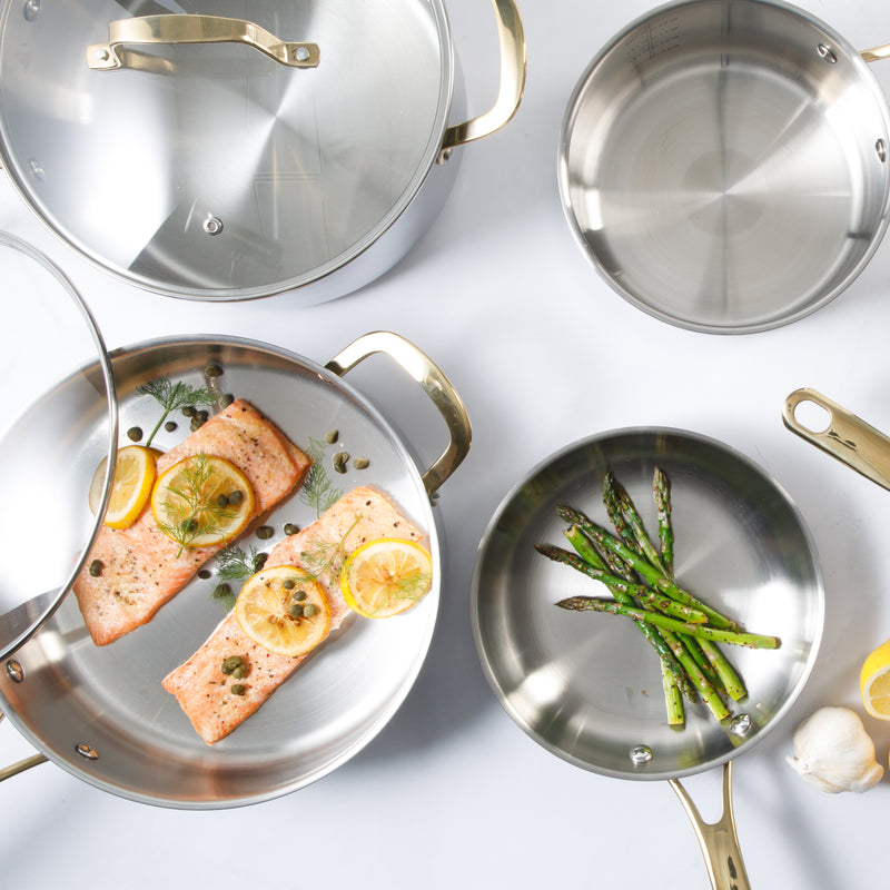 Martha Stewart Castelle 10pc Stainless Steel Cookware Set - Gold Stainless Steel Handles - Impact Bonded Base - Gift Box w/ Remailer