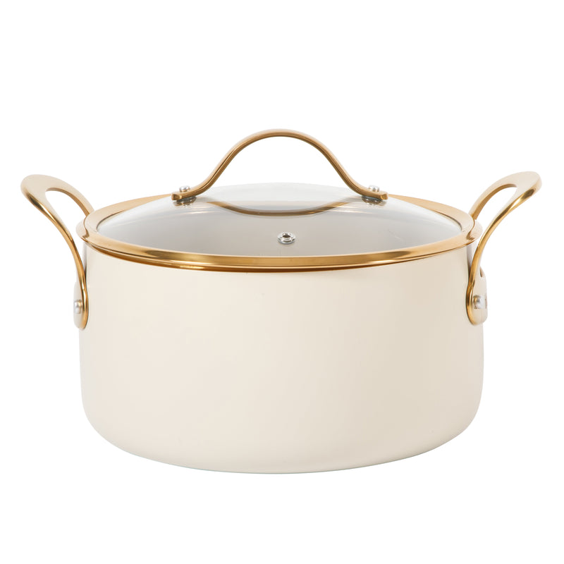 Bloomhouse 6qt Aluminum Dutch Oven w/ Lid - Linen - Taupe Ceramic Interior - Nonstick - Induction - Cast Stainless Steel Gold PVD Handle - Gift Box w/ Remailer