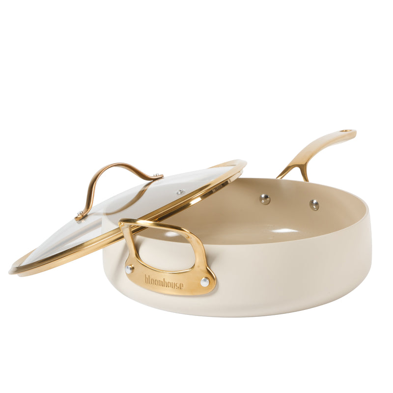 Bloomhouse 6qt Aluminum Sauté Pan w/ Lid - Linen - Taupe Ceramic Interior - Nonstick - Induction - Cast Stainless Steel Gold PVD Handle - Gift Box w/ Remailer