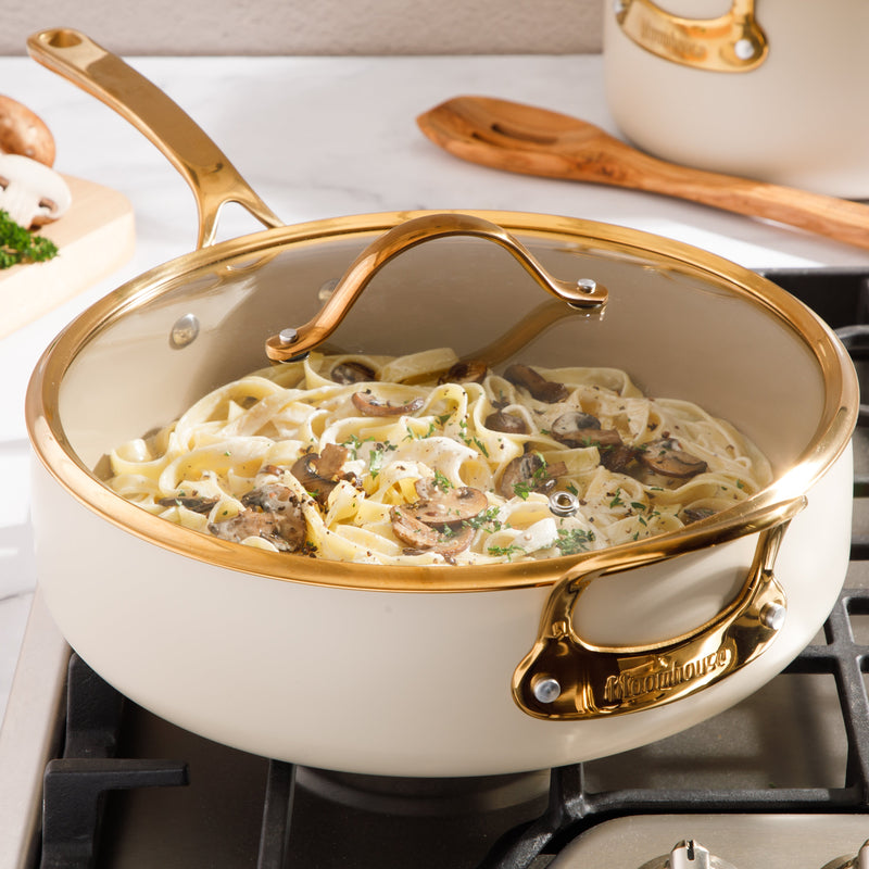 Bloomhouse 6qt Aluminum Sauté Pan w/ Lid - Linen - Taupe Ceramic Interior - Nonstick - Induction - Cast Stainless Steel Gold PVD Handle - Gift Box w/ Remailer