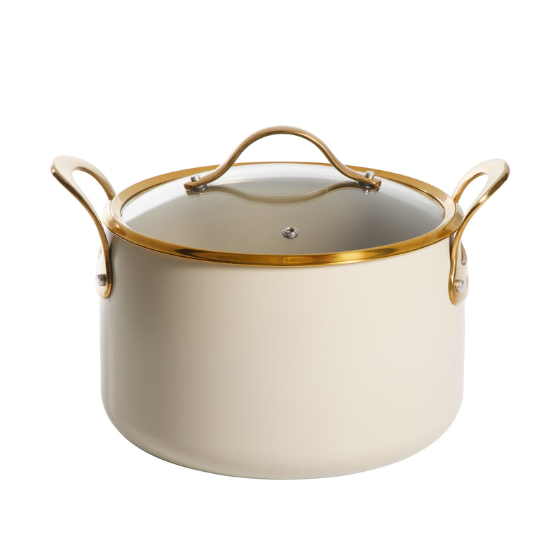 Bloomhouse 8qt Aluminum Stockpot w/ Lid - Linen - Taupe Ceramic Int - Nonstick - Induction - Cast SS Gold PVD Handle - GBX w/ RM