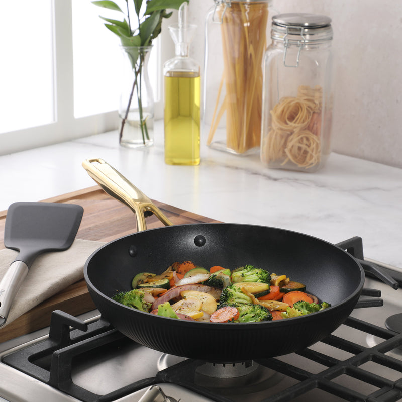 Oster Abbottsford 11" Aluminum Frying Pan - Matte Black Stripe - Nonstick - CD Bottom - Stainless Steel Gold Handle - Color Sleeve