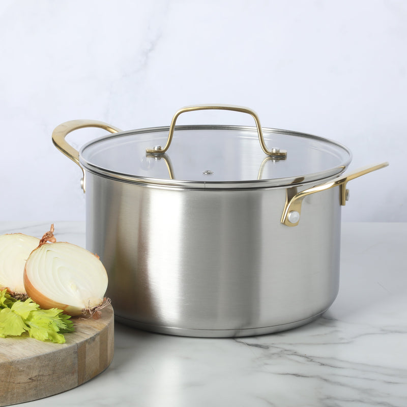 Martha Stewart Everyday Midvale 5 qt Stainless Steel Dutch Oven w/ Glass Lid - Gold PVD Cast Handle - Bonded Base - Color Sleeve w/ Factory Remailer