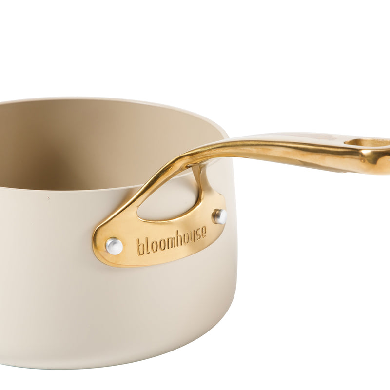 Bloomhouse 3qt Aluminum Saucepan w/ Lid - Linen - Taupe Ceramic Interior - Nonstick - Induction - Cast Stainless Steel Gold PVD Handle - Gift Box w/ Remailer