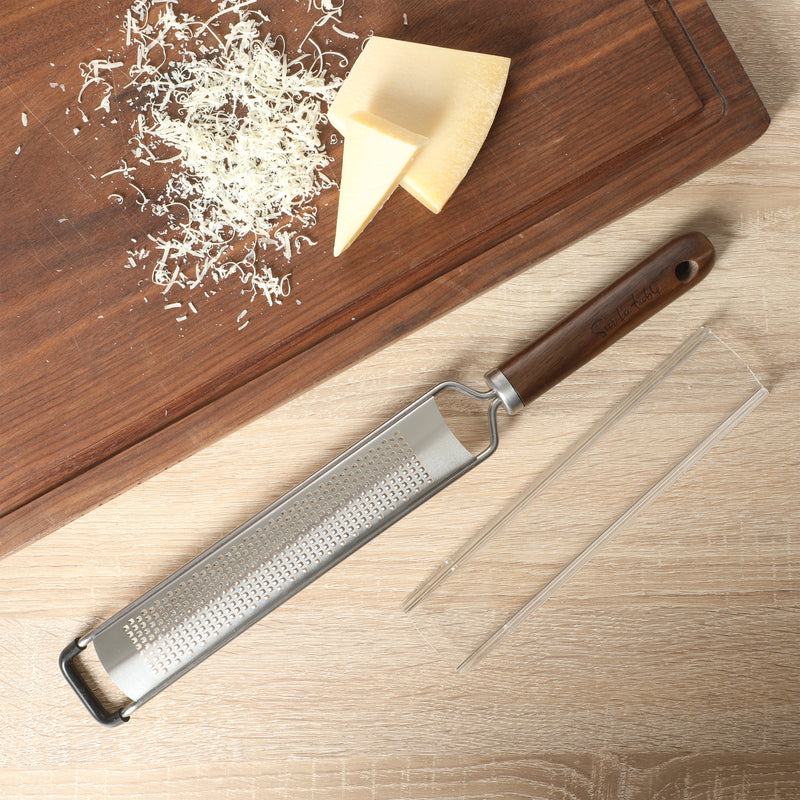 Sur La Table Kitchen Essentials Stainless Steel Long Grater - Etched Stainless Steel Blade - Black Walnut WoodHandle - Tie Card