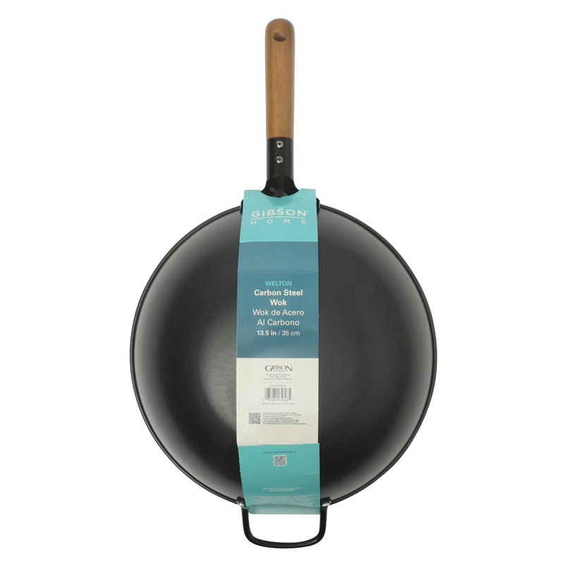 Gibson Home Welton 13.5" Carbon Steel Wok - Black - Wood Handle - Color Sleeve