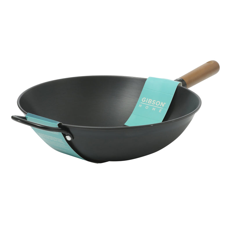 Gibson Home Welton 13.5" Carbon Steel Wok - Black - Wood Handle - Color Sleeve