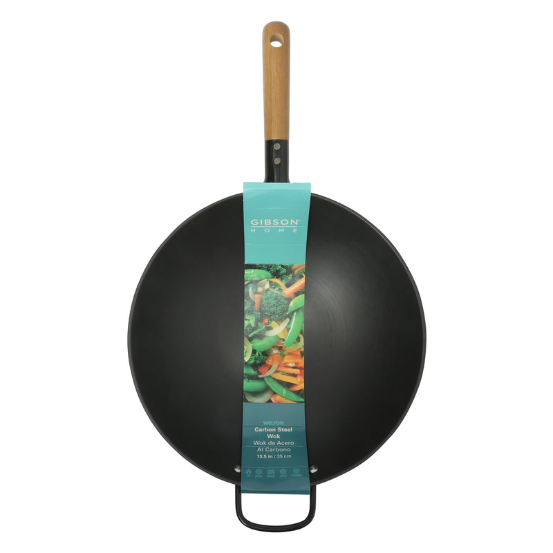 Gibson Home Welton 13.5" Carbon Steel Wok - Black - Wood Handle - Color Sleeve
