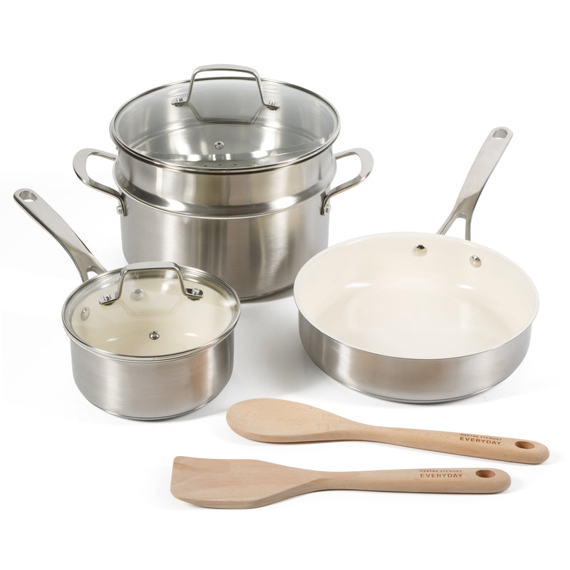 Martha Stewart Everyday Midvale 8pc Stainless Steel Cookware Set w/ Kitchen Tools - White Ceramic Interior - Gift Box w/ Remailer