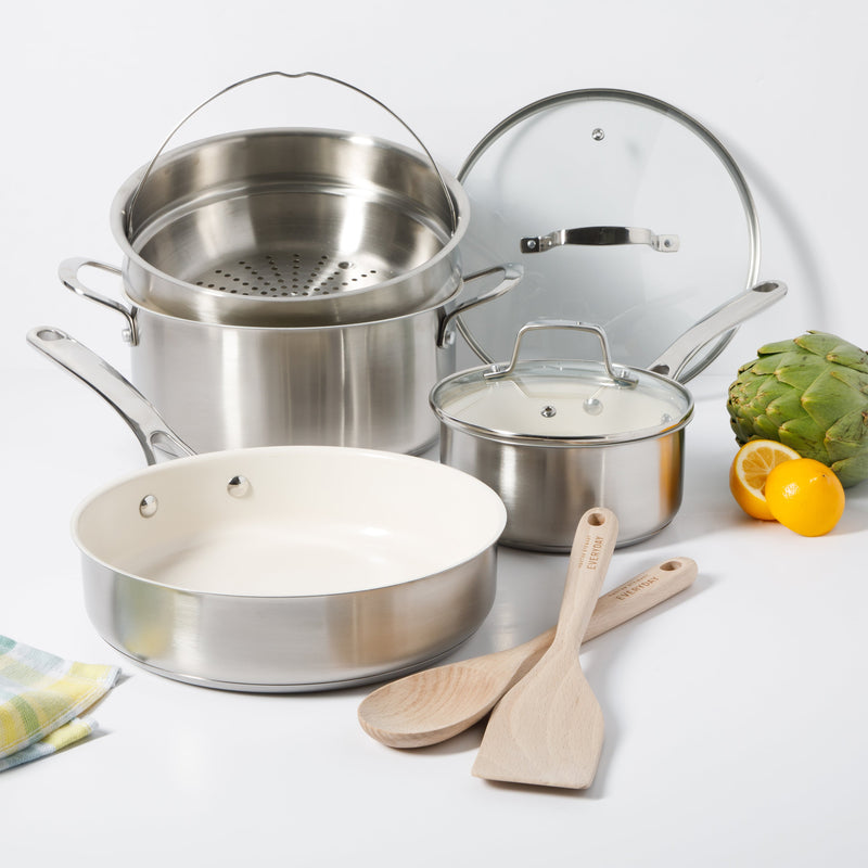 Martha Stewart Everyday Midvale 8pc Stainless Steel Cookware Set w/ Kitchen Tools - White Ceramic Interior - Gift Box w/ Remailer