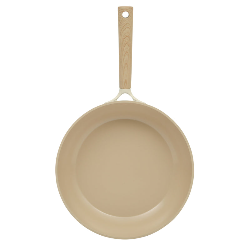 Gibson Elite Folkstone 12" Cast Aluminum Frying Pan - Linen - Nonstick Ceramic Interior - Induction Base - Wood Look Soft Touch Handle - Color Sleeve