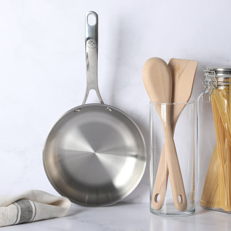 Martha Stewart Castelle 8" Stainless Steel Frying Pan - Satin Polish Interior- Gold PVD Handle - Impact Bonded Base - Color Sleeve