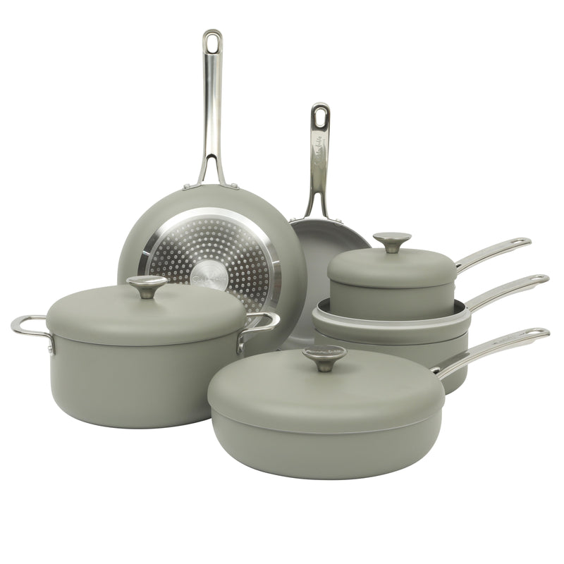 Sur la Table Kitchen Essentials Potluck Porch 10pc Aluminum Cookware Set w/ Aluminum Lid - Ceramic Interior - Induction Base - Stainless Steel Hollow Handle - Gift Box w/ Remailer