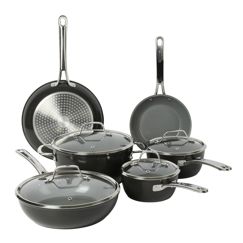 Sue La Table Kitchen Essentials Cool Commune 10pc Hard Anodized Aluminum Cookware Set - Grey Nonstick Ceramic Interior - Induction Base - Stainless Steel Hollow Handle - Gift Box w/ Remailer