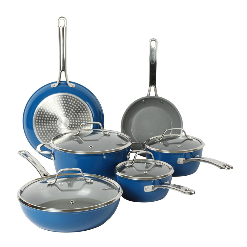 Sue La Table Kitchen Essentials Cool Commune 10pc Hard Anodized Aluminum Cookware Set - Grey Nonstick Ceramic Interior - Induction Base - Stainless Steel Hollow Handle - Gift Box w/ Remailer