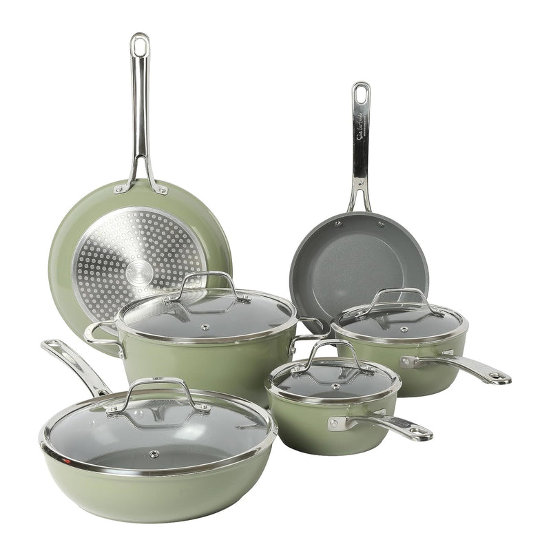 Sue La Table Kitchen Essentials Cool Commune 10pc Hard Anodized Aluminum Cookware Set - Grey Nonstick Ceramic Interior - Induction Base - Stainless Steel Hollow Handle - Gift Box w/ Remailer