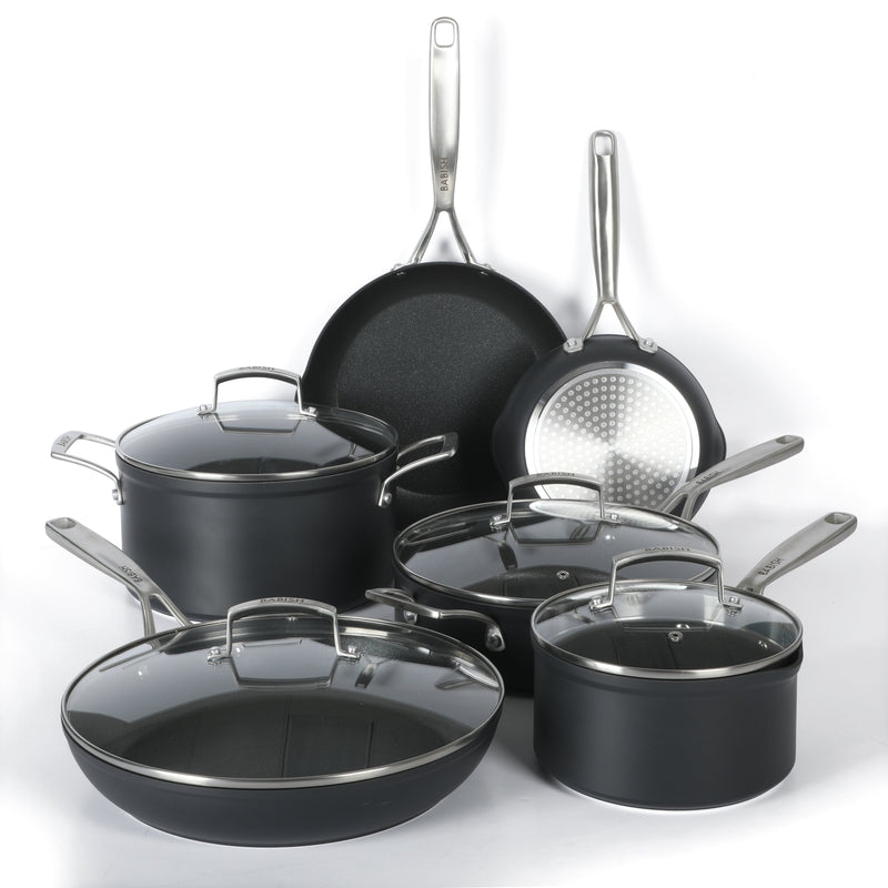 Babish 10pc Forged Aluminum Cookware Set - TI Plasma Nonstick Int - Induction Base - Cast Handles - Forged Al - GBX w/ Remailer