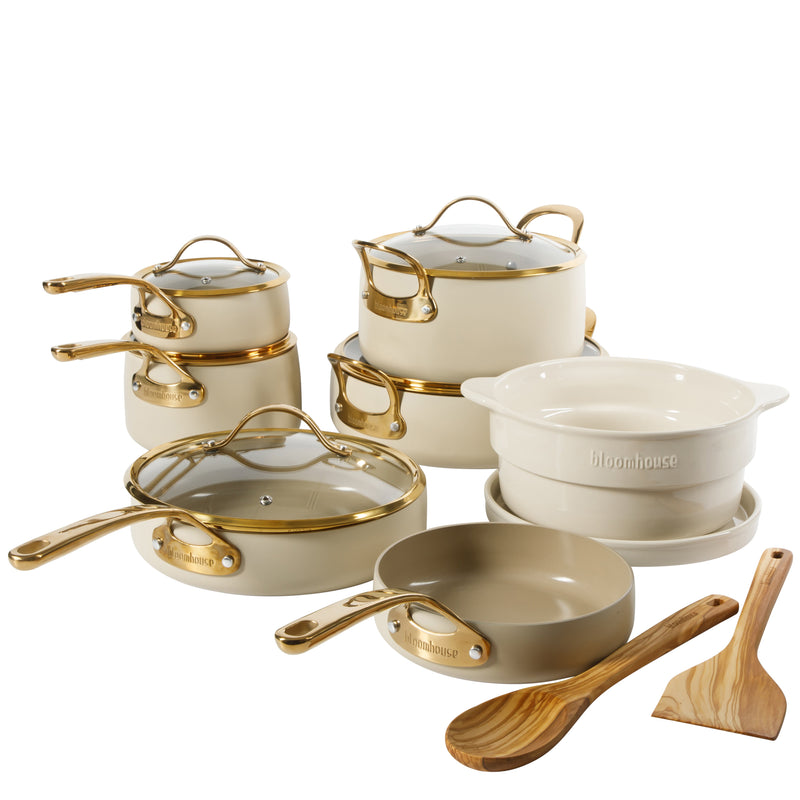 Bloomhouse 15pc Aluminum Cookware Set - Linen - Taupe Ceramic Int - Nonstick - Induction - Gold PVD SS Rim Glass Lid - Cast SS Gold PVD Handle - GBX w/ Remailer