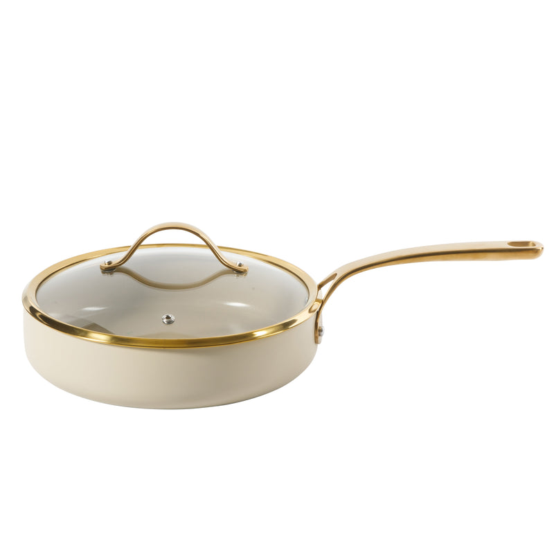 Bloomhouse 15pc Aluminum Cookware Set - Linen - Taupe Ceramic Int - Nonstick - Induction - Gold PVD SS Rim Glass Lid - Cast SS Gold PVD Handle - GBX w/ Remailer