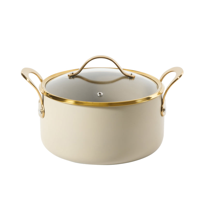 Bloomhouse 15pc Aluminum Cookware Set - Linen - Taupe Ceramic Int - Nonstick - Induction - Gold PVD SS Rim Glass Lid - Cast SS Gold PVD Handle - GBX w/ Remailer