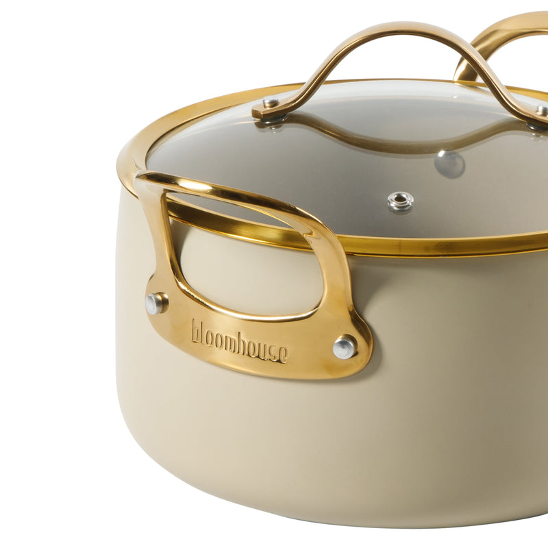 Bloomhouse 15pc Aluminum Cookware Set - Linen - Taupe Ceramic Int - Nonstick - Induction - Gold PVD SS Rim Glass Lid - Cast SS Gold PVD Handle - GBX w/ Remailer