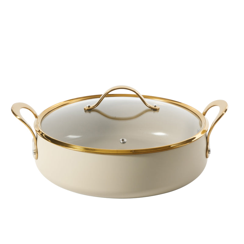Bloomhouse 15pc Aluminum Cookware Set - Linen - Taupe Ceramic Int - Nonstick - Induction - Gold PVD SS Rim Glass Lid - Cast SS Gold PVD Handle - GBX w/ Remailer