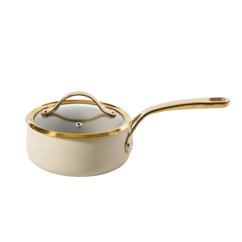 Bloomhouse 15pc Aluminum Cookware Set - Linen - Taupe Ceramic Int - Nonstick - Induction - Gold PVD SS Rim Glass Lid - Cast SS Gold PVD Handle - GBX w/ Remailer