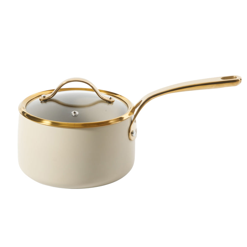 Bloomhouse 15pc Aluminum Cookware Set - Linen - Taupe Ceramic Int - Nonstick - Induction - Gold PVD SS Rim Glass Lid - Cast SS Gold PVD Handle - GBX w/ Remailer