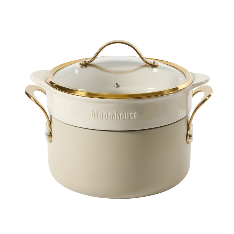 Bloomhouse 15pc Aluminum Cookware Set - Linen - Taupe Ceramic Int - Nonstick - Induction - Gold PVD SS Rim Glass Lid - Cast SS Gold PVD Handle - GBX w/ Remailer