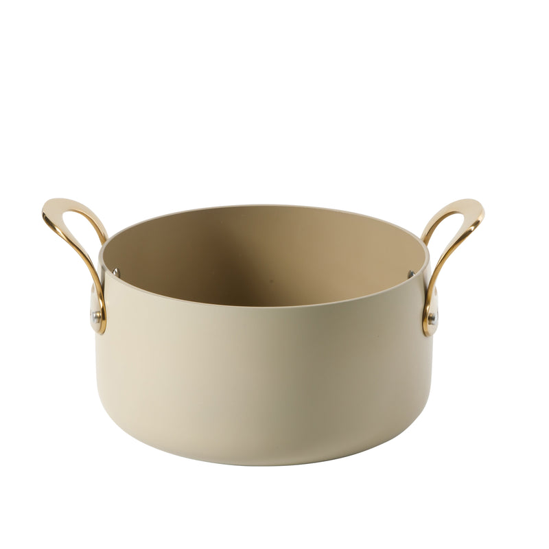 Bloomhouse 15pc Aluminum Cookware Set - Linen - Taupe Ceramic Int - Nonstick - Induction - Gold PVD SS Rim Glass Lid - Cast SS Gold PVD Handle - GBX w/ Remailer