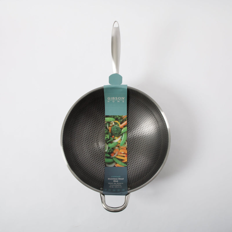 Gibson Home Elsenborn Stainless Steel 14" Wok - Etched Non-Stick Interior - Stainless Steel Handle - Color Sleeve