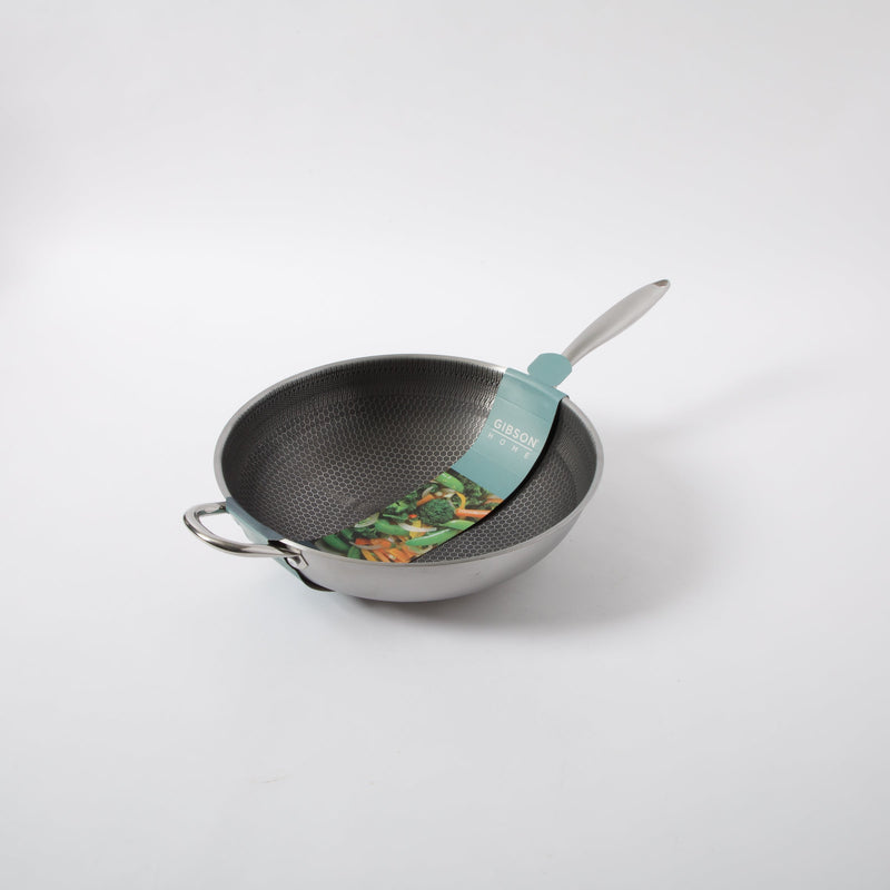Gibson Home Elsenborn Stainless Steel 14" Wok - Etched Non-Stick Interior - Stainless Steel Handle - Color Sleeve