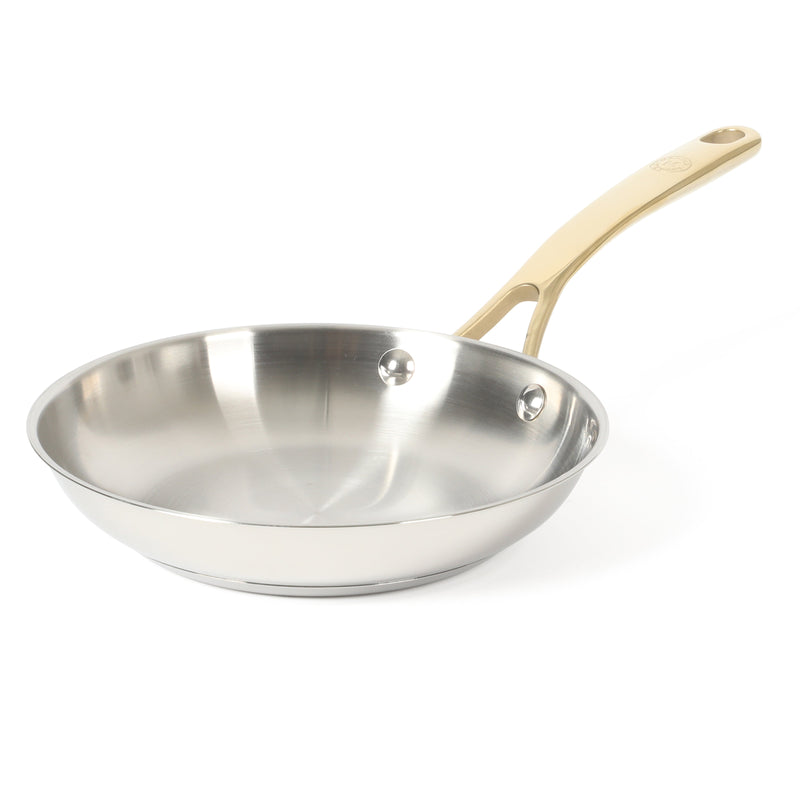 Martha Stewart Castelle 8" Stainless Steel Frying Pan - Satin Polish Interior- Gold PVD Handle - Impact Bonded Base - Color Sleeve