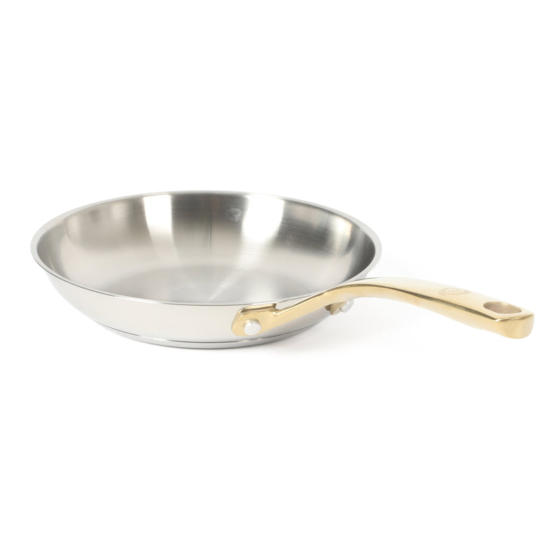 Martha Stewart Castelle 8" Stainless Steel Frying Pan - Satin Polish Interior- Gold PVD Handle - Impact Bonded Base - Color Sleeve