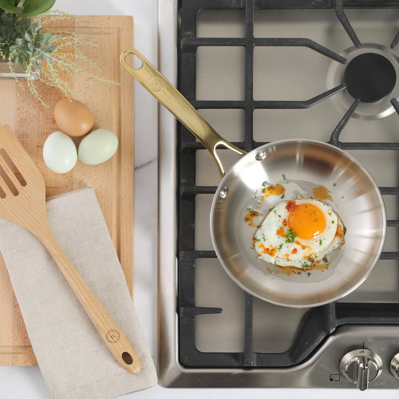 Martha Stewart Castelle 8" Stainless Steel Frying Pan - Satin Polish Interior- Gold PVD Handle - Impact Bonded Base - Color Sleeve