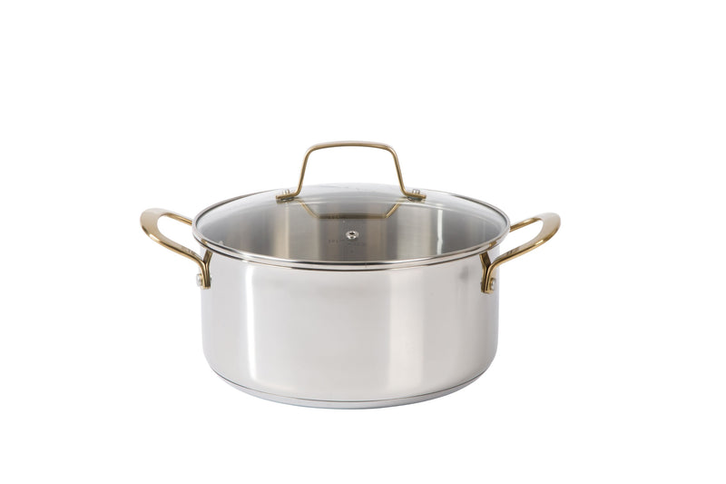 Martha Stewart Castelle 5 qt Stainless Steel Dutch Oven w/ Lid - Satin Polish Interior - Gold PVD Handle - Impact Bonded Base - Color Sleeve