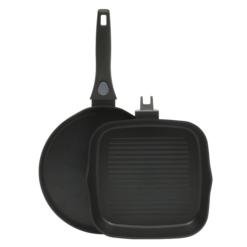 Oster Smarthandle Advance 3 pc Forged Aluminum 10" Round Pancake Pan & 9.5" Square Grill w/ Detachable Handle - Matte Black - Non-Stick Interior - Induction Base - Bakelite Handle - Gift Box (Open Window)