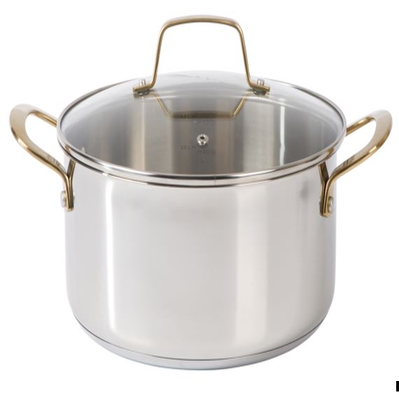 Martha Stewart Castelle 8qt Stainless Steel Stock Pot w/ Lid - Satin Polish Interior - Gold PVD Handle - Impact Bondied Base - Color Sleeve w/ Remailer